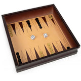 Backgammon bed inside the cabinet with black and gold checkers stacked on the points