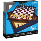 Blue retail box showing the game cabinet with its board lifted off the backgammon bed