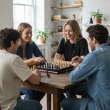 Friends playing chess on the game cabinet at a rustic wooden table