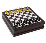 Chess pieces set out on the checkered top of the wooden game cabinet