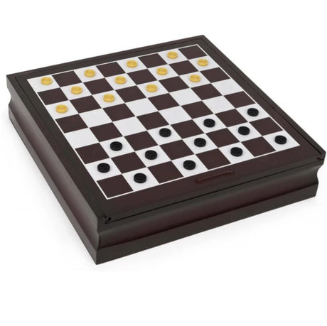 Gold and black draughts discs set out on the checkered top of the game cabinet