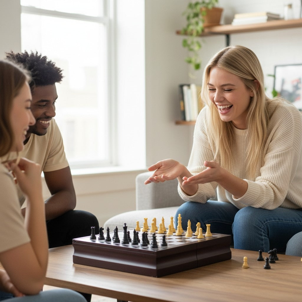 Three people playing chess on the wooden game cabinet at a low coffee table