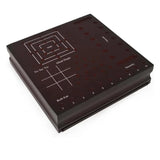 Reverse of the lift out board printed with mancala, mill, tic tac toe, insanity and roll em