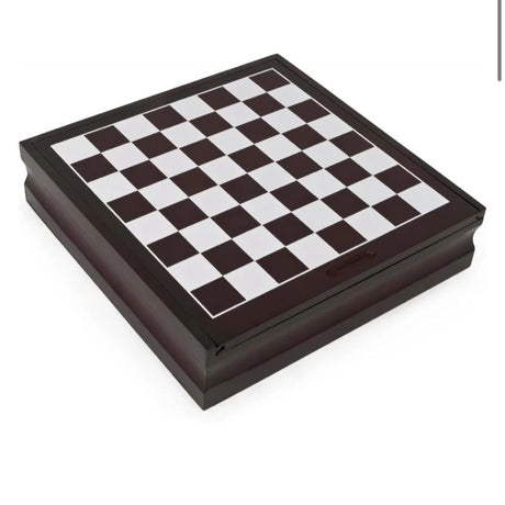 Wooden game cabinet with a checkered top, plinth base and a side storage drawer