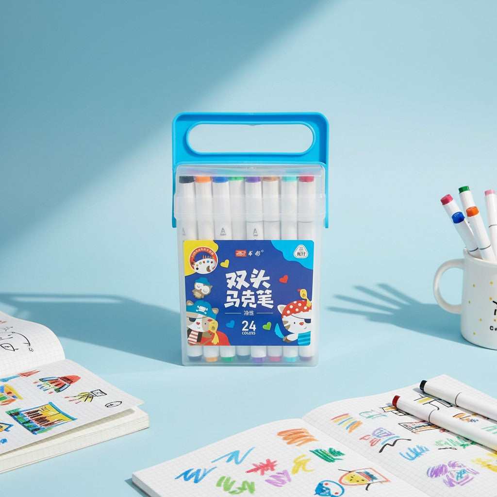 24 colour dual tip marker set in a clear case with blue handle, Jack Gifts Online Lebanon