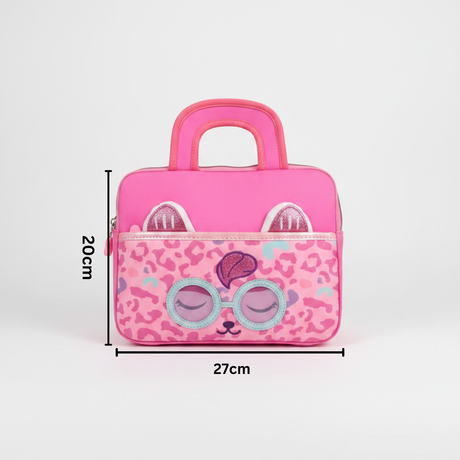 Pink children's bag with cat face design and measurements on a white background
