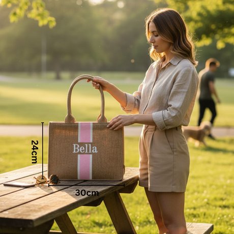 Woman holding a jute bag with 'Bella' branding in a park setting