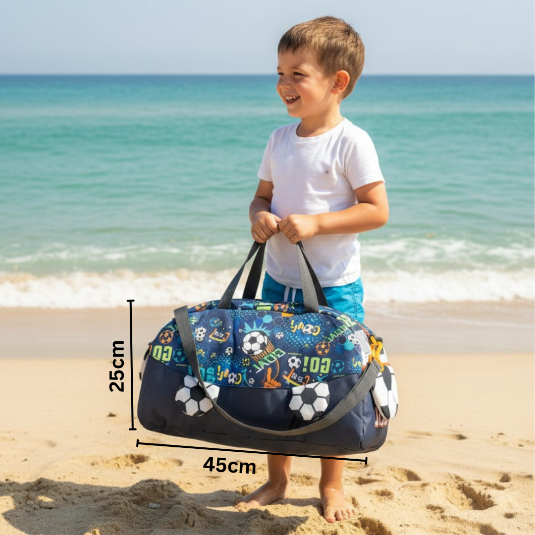 Child holding a blue duffel bag with measurements on a beach