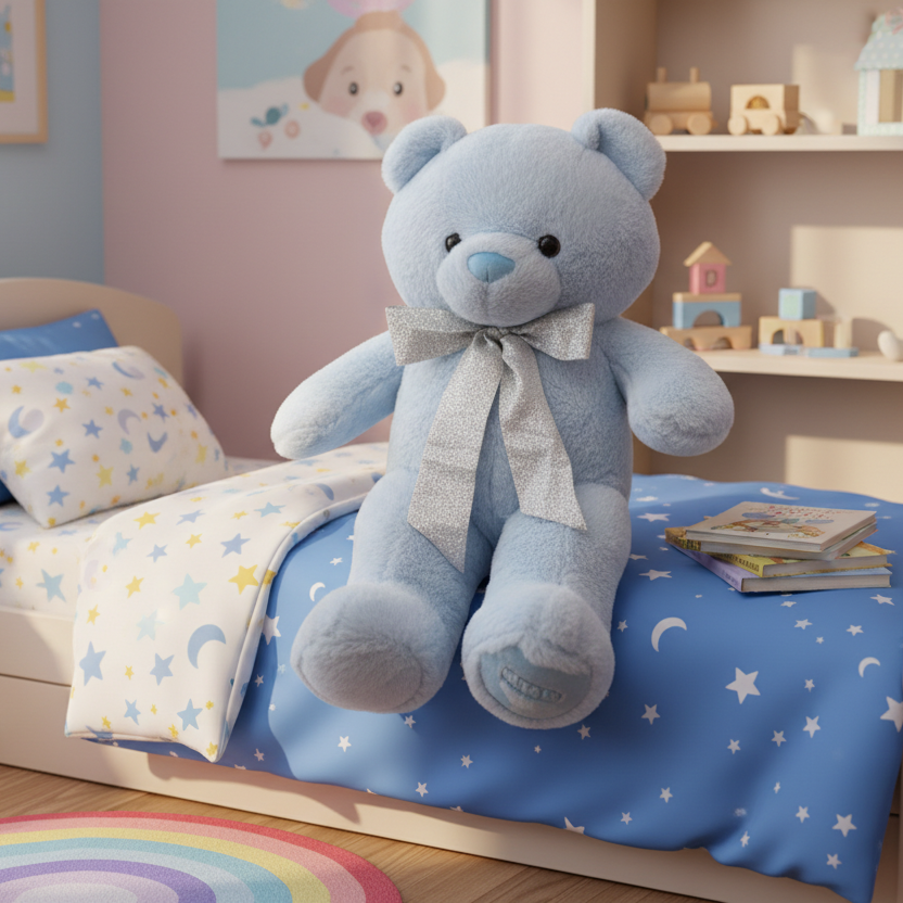 Powder blue seated teddy with a silver glitter neck bow on a star print duvet