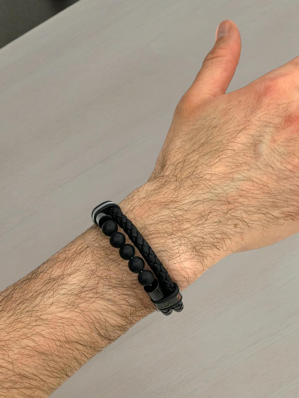 Black Leather Bead Bracelet 1