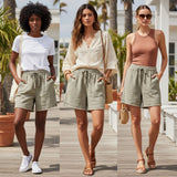 Three women wearing Olive green drawstring shorts in various settings