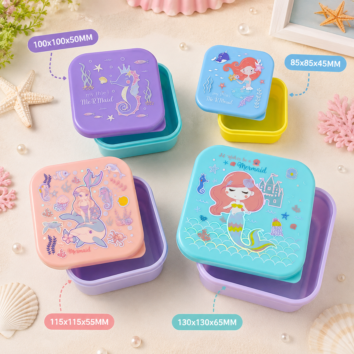 Four different sized square mermaid-themed lunch boxes arranged on a light beige surface with seashell and starfish props