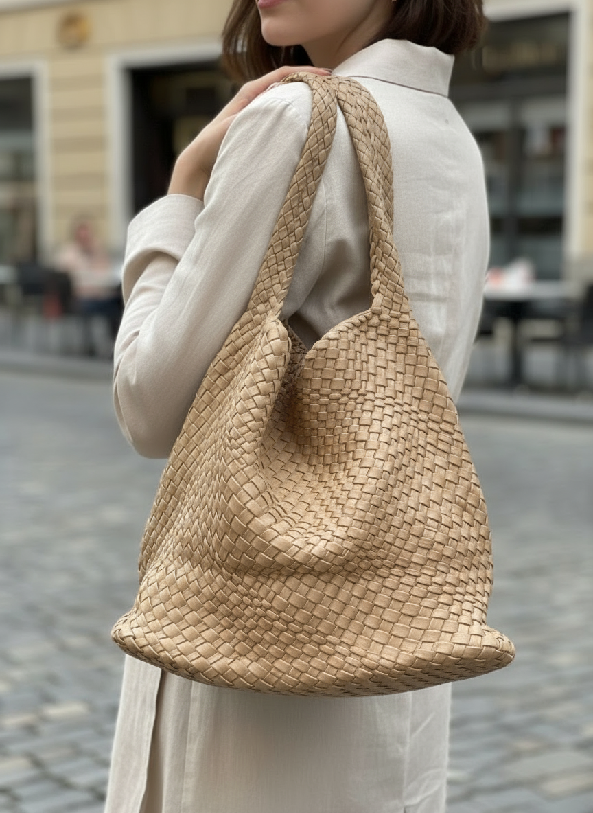 Beige Woven Shoulder Bag