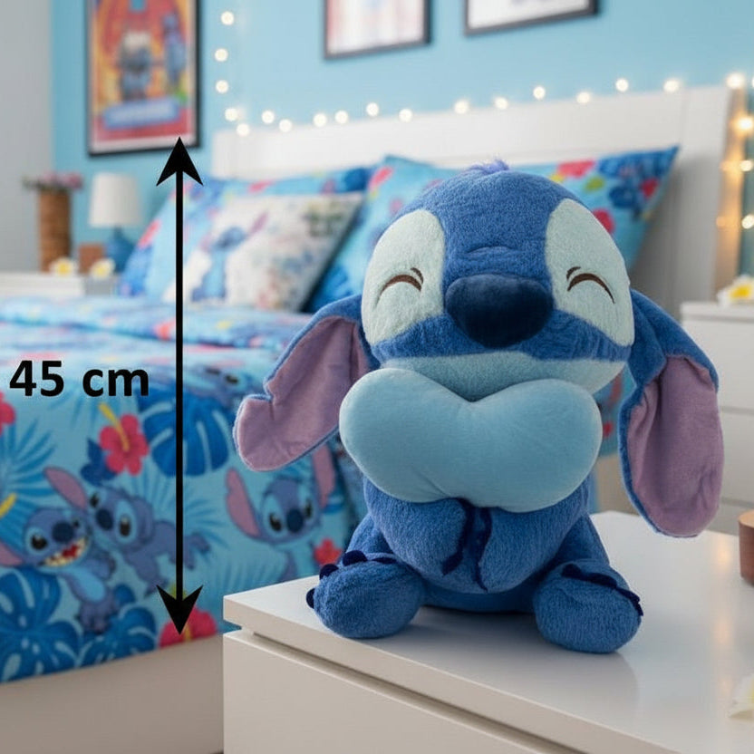 Cornflower blue character plush hugging a mint chest pillow, marked 45cm