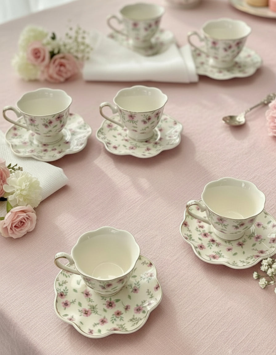 Floral Coffee Cups & Saucers – 6-Piece Set