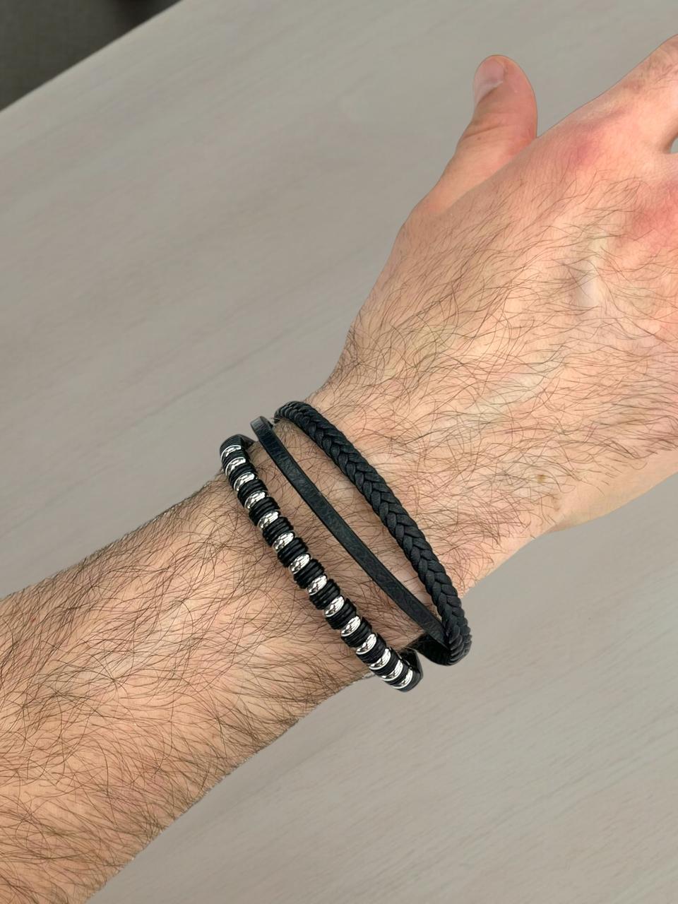 Black Braided Leather Bracelet With Silver Beads