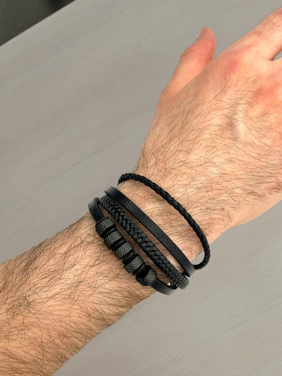 Black Braided Leather Bracelet With Metal Beads