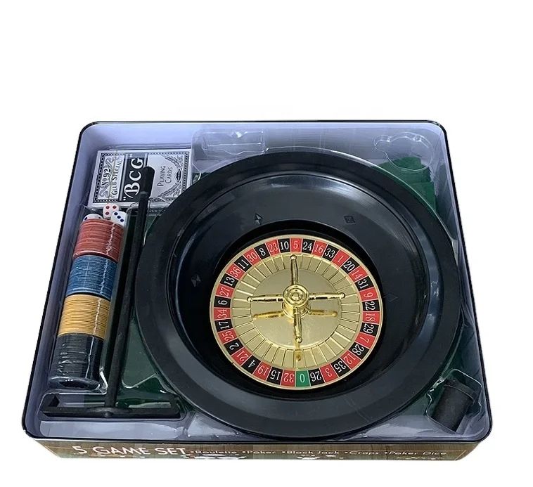 Open tin with the roulette wheel, chip stacks, cards, dice and croupier stick in a moulded tray