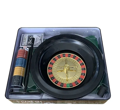 Open tin with the roulette wheel, chip stacks, cards, dice and croupier stick in a moulded tray