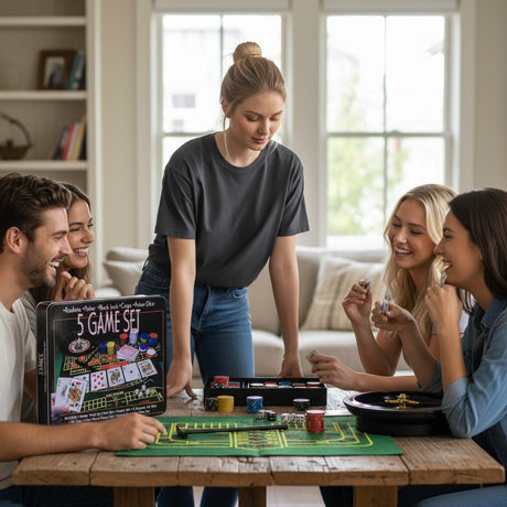 Friends playing around a table with the felt layout mat, chip stacks and the roulette wheel
