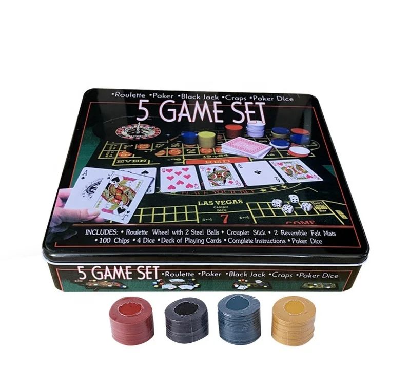 Closed black metal game tin listing roulette, poker, blackjack, craps and poker dice