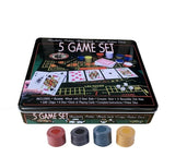 Closed black metal game tin listing roulette, poker, blackjack, craps and poker dice