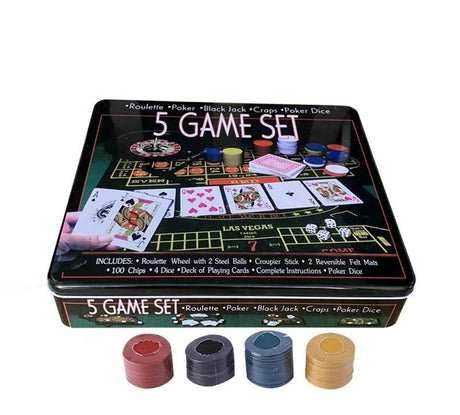 Closed black metal game tin listing roulette, poker, blackjack, craps and poker dice