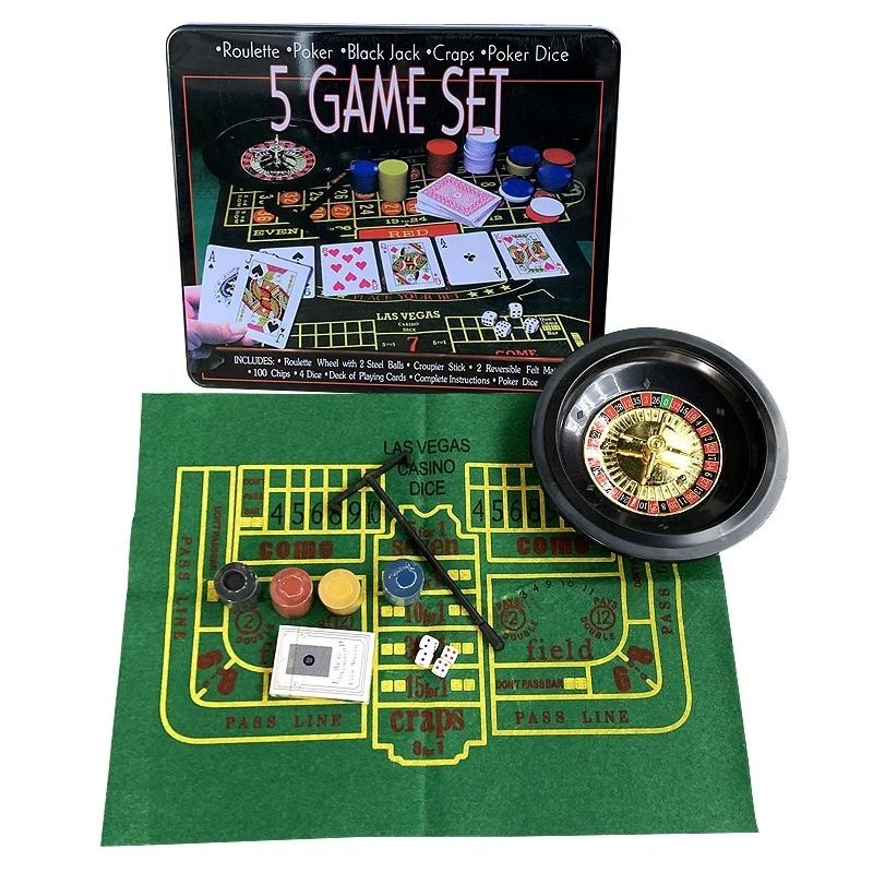 Five game set with a black tin, roulette wheel, green felt craps mat, chips, dice and cards