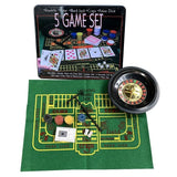 Five game set with a black tin, roulette wheel, green felt craps mat, chips, dice and cards
