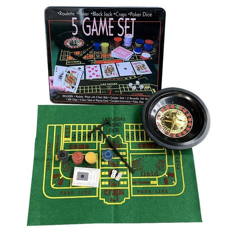 Five game set with a black tin, roulette wheel, green felt craps mat, chips, dice and cards