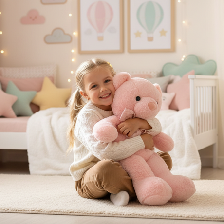 Baby pink teddy bear with a pale pink ribbon bow, held by a child on a rug