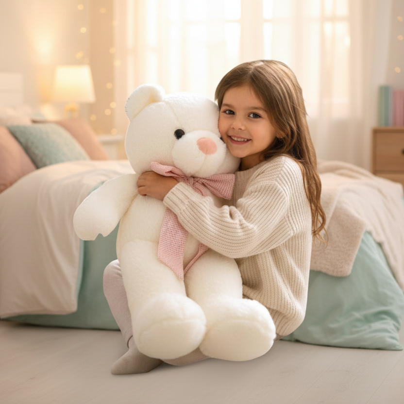 Snow white short pile bear wearing a dusty pink gingham bow around its neck