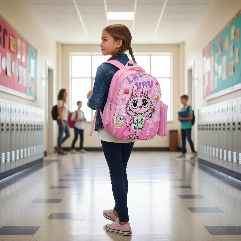 Labubu pink backpack with pencil case