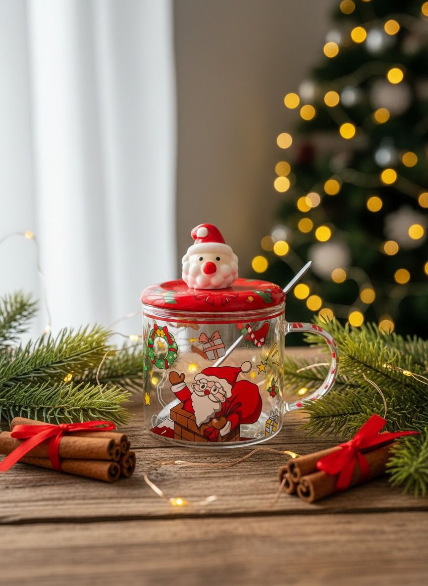 Santa Christmas Glass Mug With Lid & Spoon