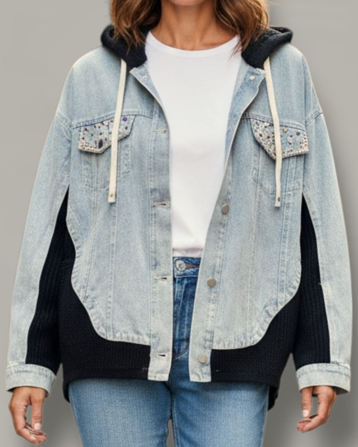 Embellished Denim Fleece Jacket