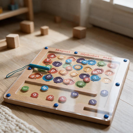 Wooden alphabet magnetic maze with round coloured letter discs and a blue magnetic pen