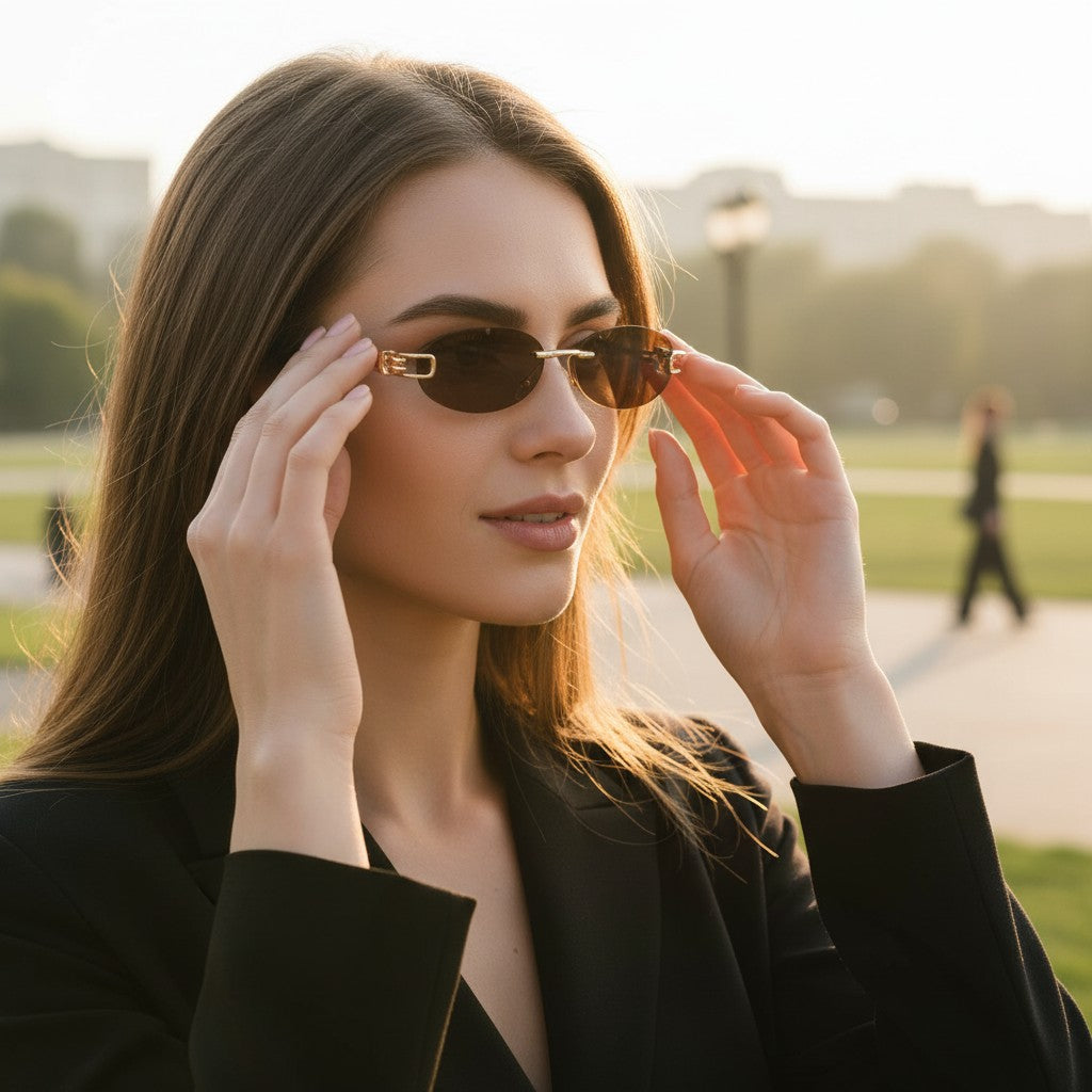 Womens small rimless oval sunglasses with amber brown lenses, Jack Gifts Online Lebanon