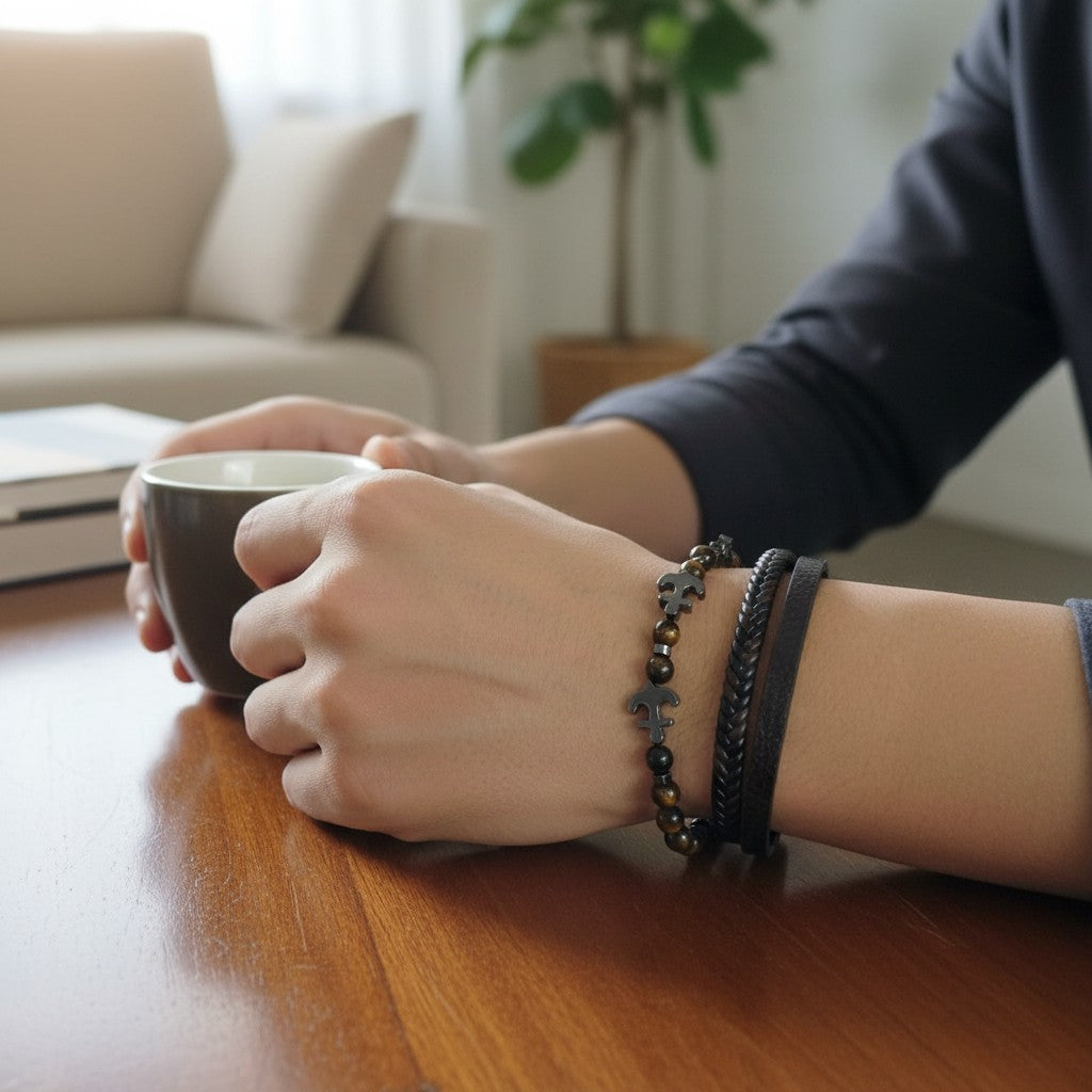 Men's anchor charm beaded and leather bracelet stack, Jack Gifts Online Lebanon