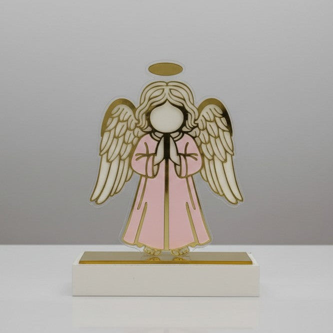 Single pink robed angel with gold outlined wings and a gold oval halo above