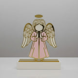 Single pink robed angel with gold outlined wings and a gold oval halo above
