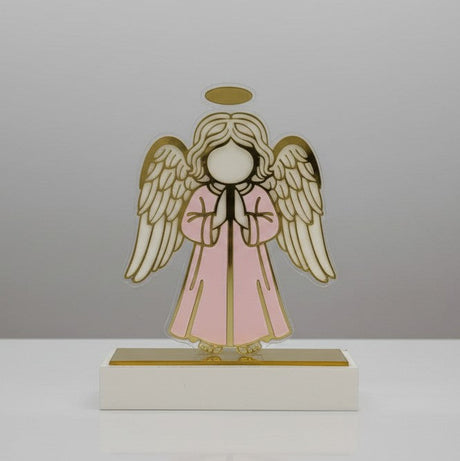 Single pink robed angel with gold outlined wings and a gold oval halo above