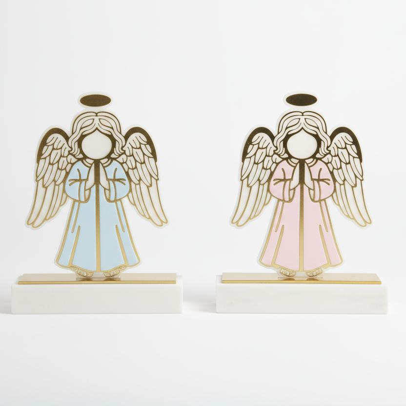 Blue and pink laser cut angels with hands in prayer beneath solid gold halos