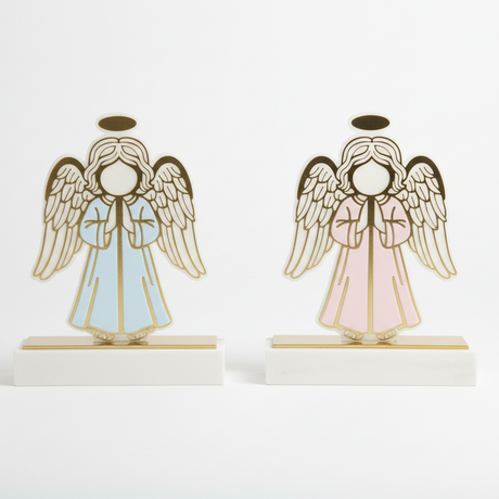 Blue and pink laser cut angels with hands in prayer beneath solid gold halos
