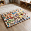 Wooden magnetic maze with colourful animals numbered one to ten and beads on a playroom floor