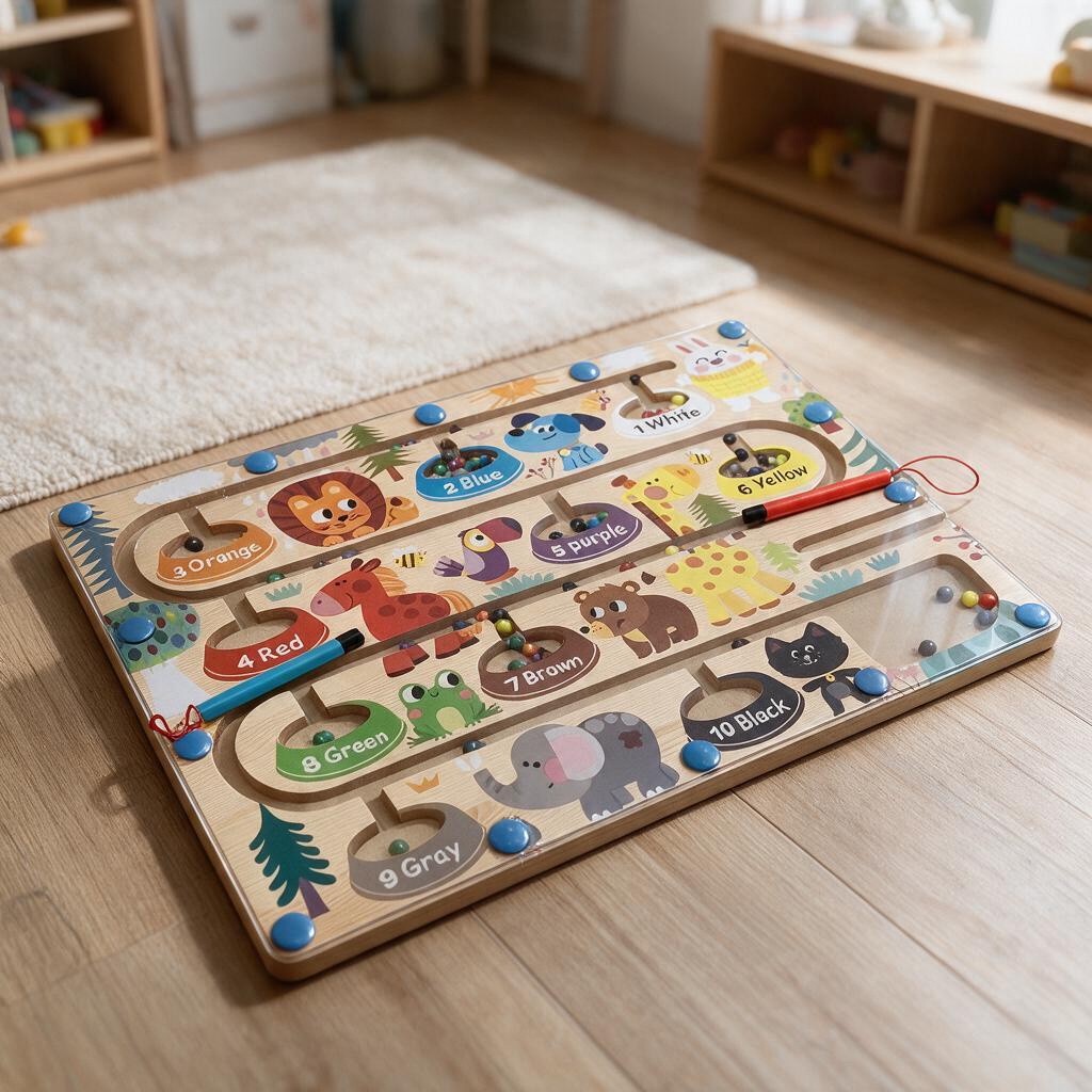 Wooden magnetic maze with colourful animals numbered one to ten and beads on a playroom floor