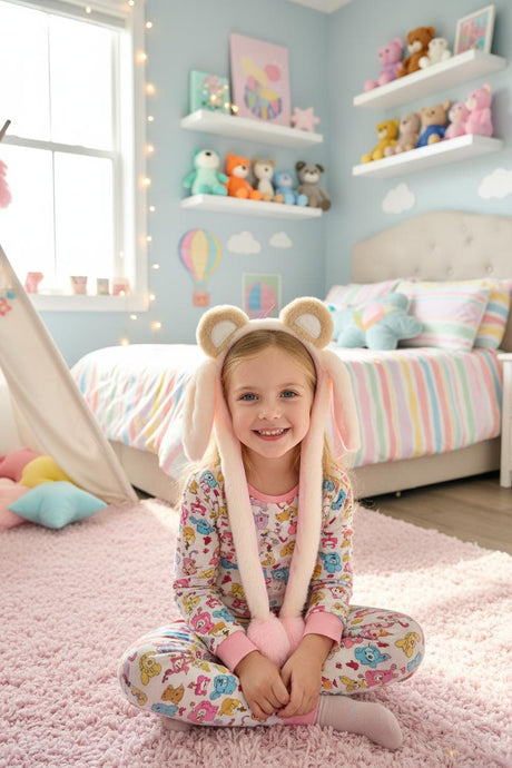 Young girl seated on a rug wearing a cream teddy ear headband with pom pom pull cords