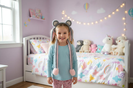 Grey fluffy ear headband with pink hanging ears and pom pom cords on a girl in a bedroom