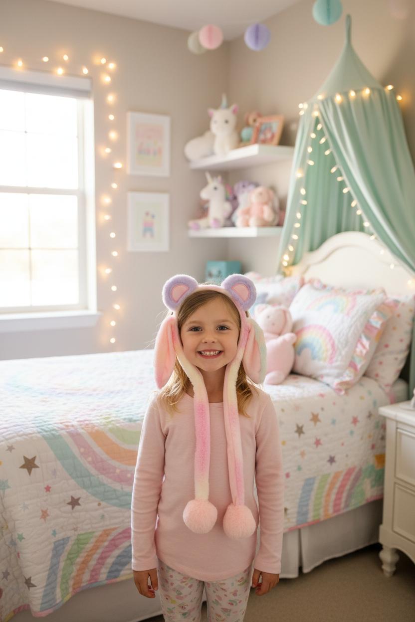 Lilac and cream animal ear headband with pastel ombre hanging ears and pink pom poms