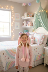 Lilac and cream animal ear headband with pastel ombre hanging ears and pink pom poms