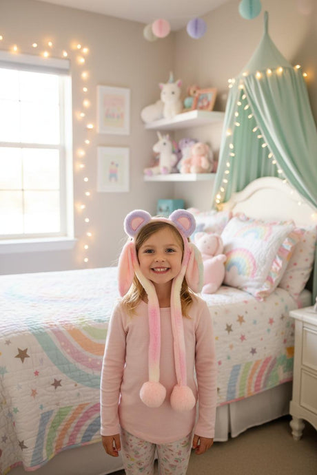 Lilac and cream animal ear headband with pastel ombre hanging ears and pink pom poms